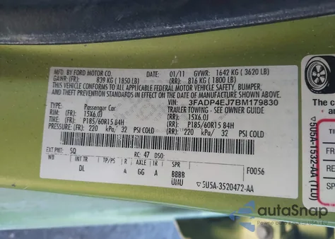 2011 Ford Fiesta Se из США, поврежденный, VIN 3FADP4EJ7BM179830